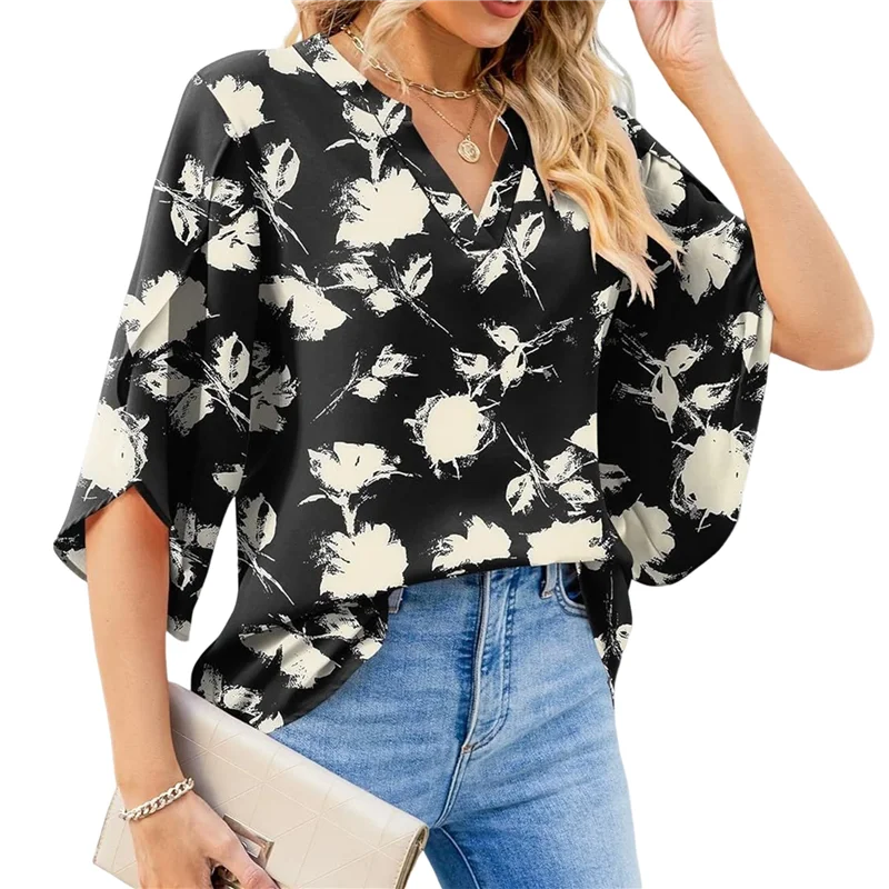 

【SEE】3/4 Length Sleeve Women's Tops Loose V-Neck Petal Chiffon Print Shirt Business Work Blouses