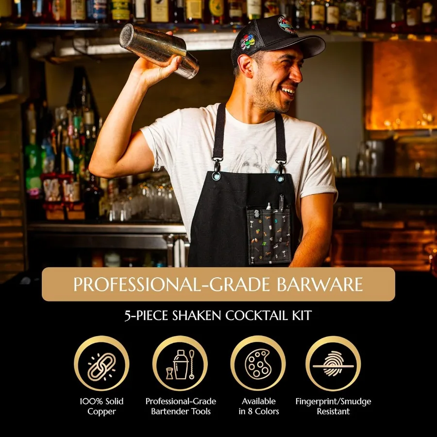 5 Piece Cocktail Kit by Premium Bartender Gift Set Includes Weighted 2 Piece Boston Shaker Hammered Bell Jigger Hawthorne Strai