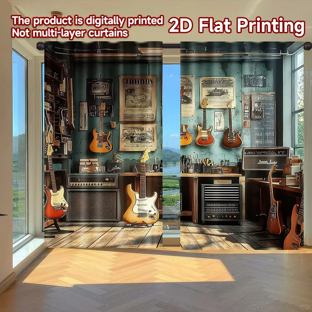 

2D flat printing 2pcs Drapes Guitars in Workshop Digital Printed Polyester Drapes Festive Wall Decor for Photo Booths & Events