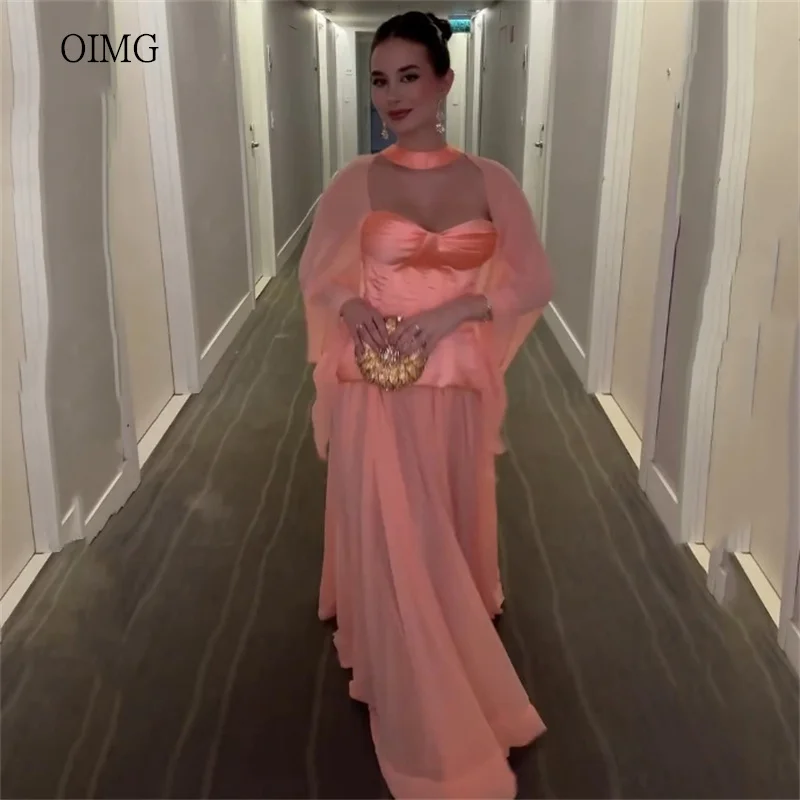 فستان سهرة طويل رشيق على شكل قلب ورقبة على شكل حرف A من الشيفون برقبة عالية للحفلات بطول الأرض مخصص