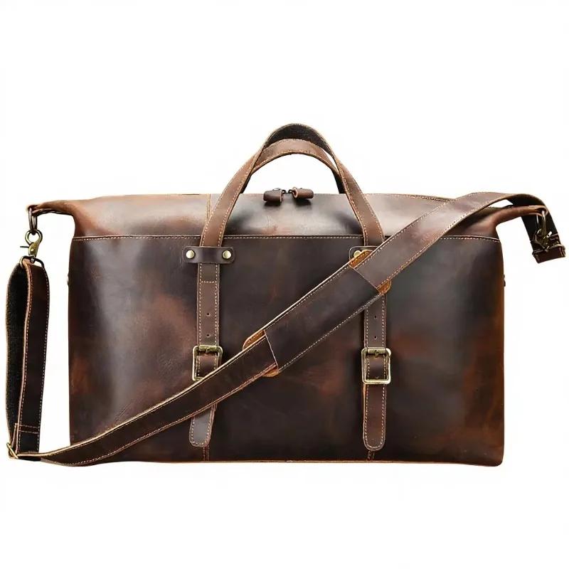 Genuine Full-grain Leather Men's Business Travel Travel Bag Crazy Horse Leather Sports Fitness Bag Compact Carry-on Short Trip