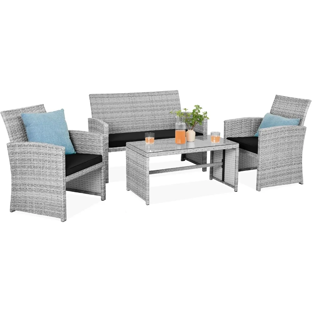 

4-Piece Outdoor Wicker Patio Conversation Furniture Set for Backyard w/Coffee Table, Seat Cushions - Gray/Black