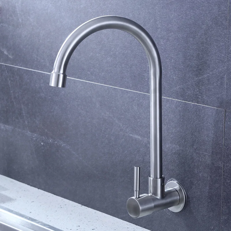 Wall Mounted Kitchen Faucet Stainless Steel Single Cold Water Tap Splash Proof Bathroom Faucets Single Handle WashBasin Faucets