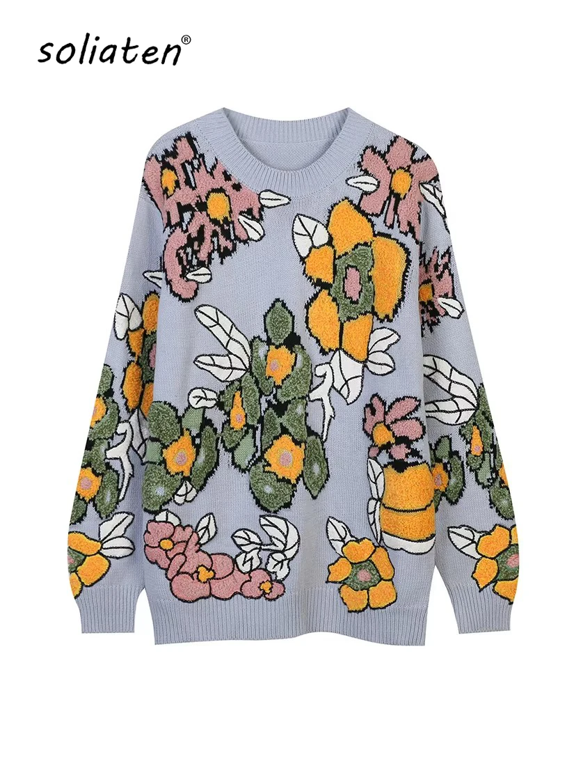 2024 New Knitted Women Floral Sweater Long Sleeve Knitwear Casual Loose Outwear Female Jacquard Tops C-306