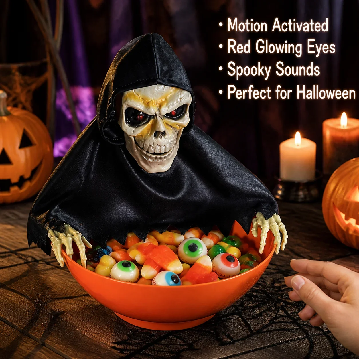 Halloween Skeleton Candy Bowl with Motion Sensor Light Up Eyes Sound Effects Trick or Treat Candy Dish Party Decoration