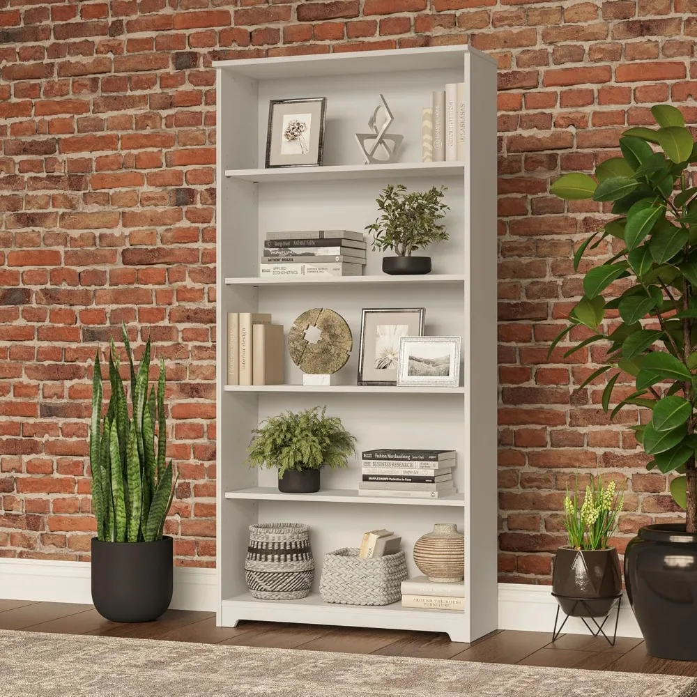 

5 large open bookshelves, solid white display cases for library, living room, and home office