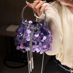 Fashion Glitter Sequins Women Clutch Handbag Circle Metal Top Handle Soft PU Leather Silver Tassels Chain Messenger Tote Purse