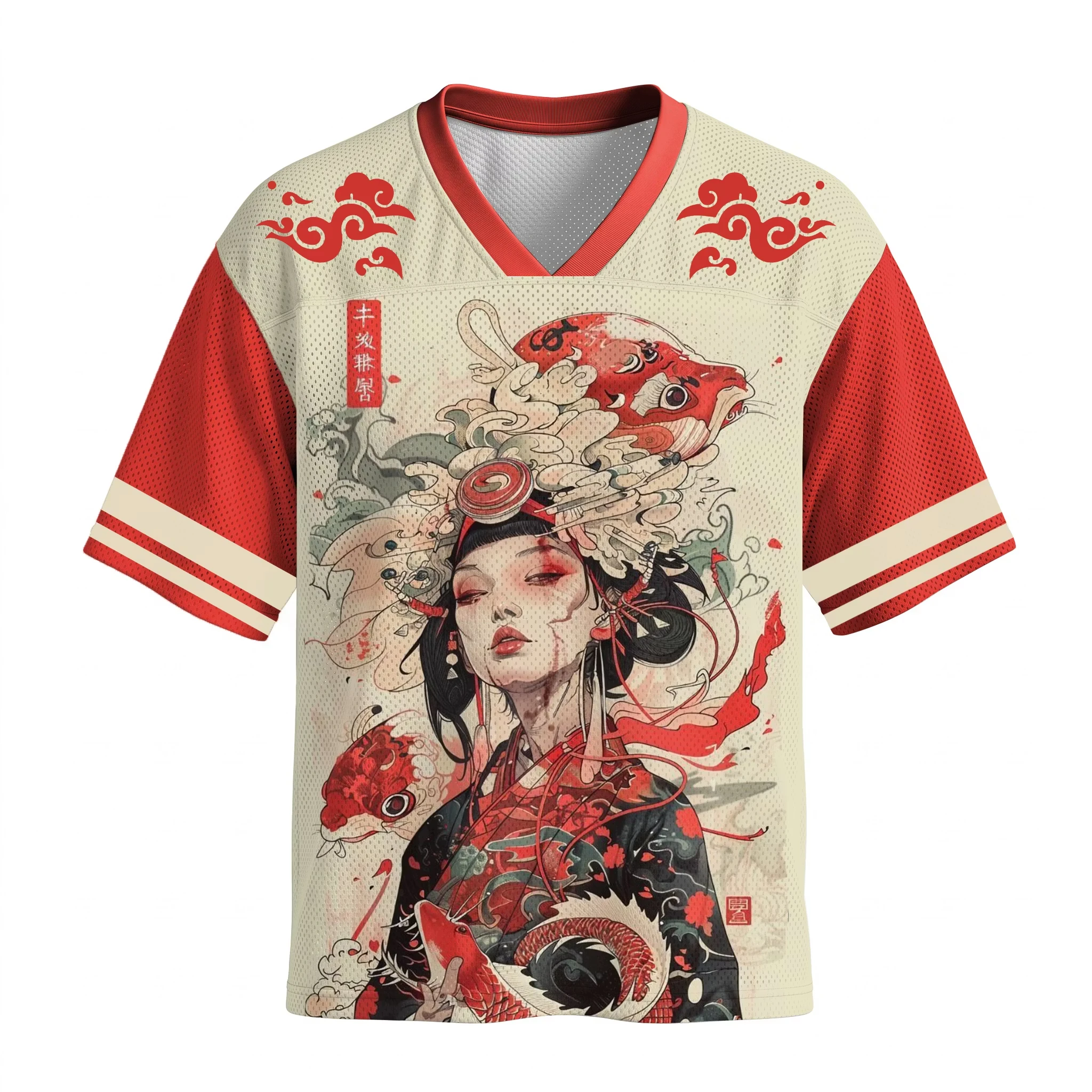 Retro Japanese Geisha and Koi Fish Pattern T-shirt, Retro Ukiyo-e Red Cloud Art, Harajuku Style Unisex Street Sports T-shirt