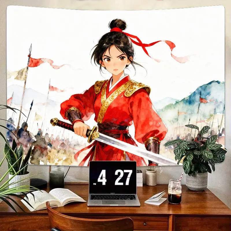 

1PC Anime Chinese Warrior Girl Tapestry, Wuxia Fantasy Red Hanfu Heroine with Sword, Watercolor Wall Art for Room Decor Gift