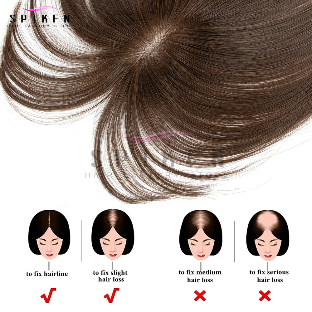 SPIKFN 허니 브라운 헤어 토퍼(뱅 포함) 5x9cm 베이스 네트 리얼 인간 모발 토퍼 8-14인치 내추럴 스트레이트 탑 헤어피스