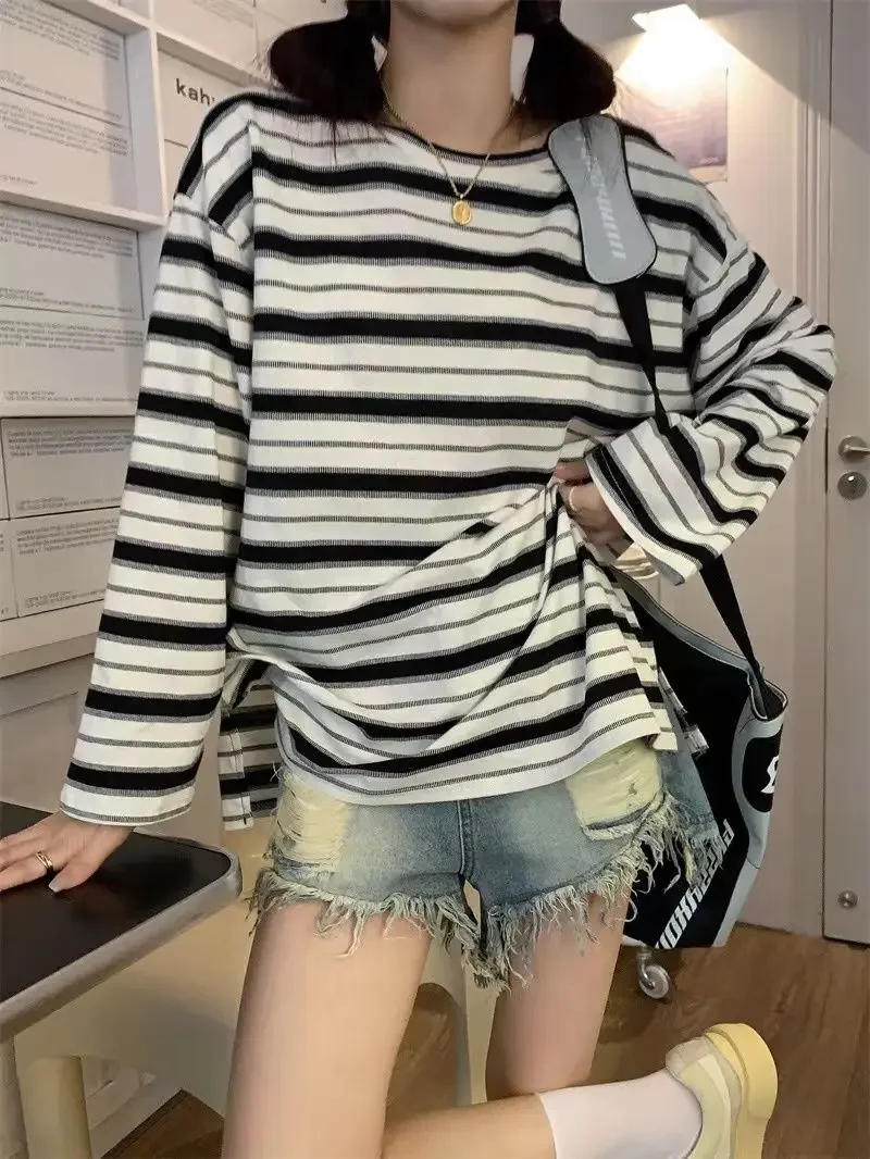 Striped T-shirts Women BF Chic Spring Unisex Long Sleeve Tops Harajuku Teens Clothing Stylish Loose Autumn Couples Hot Sale Tees