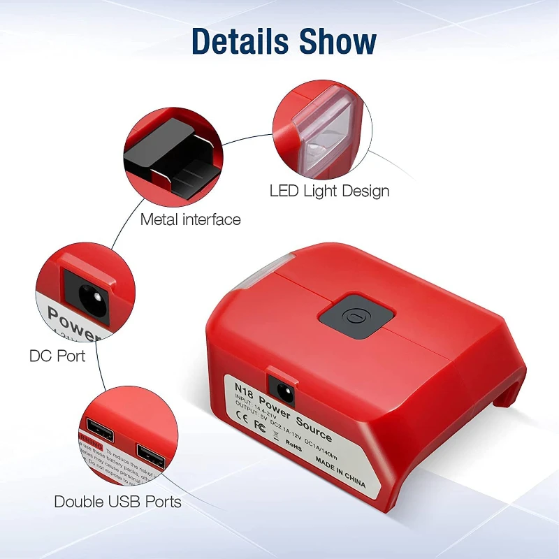 Battery Adapter With LED Lamp Converter For Milwaukee Li-ion M18 Power Source DC 12V/2A Dual USB Port/USB+Type-C Output Light