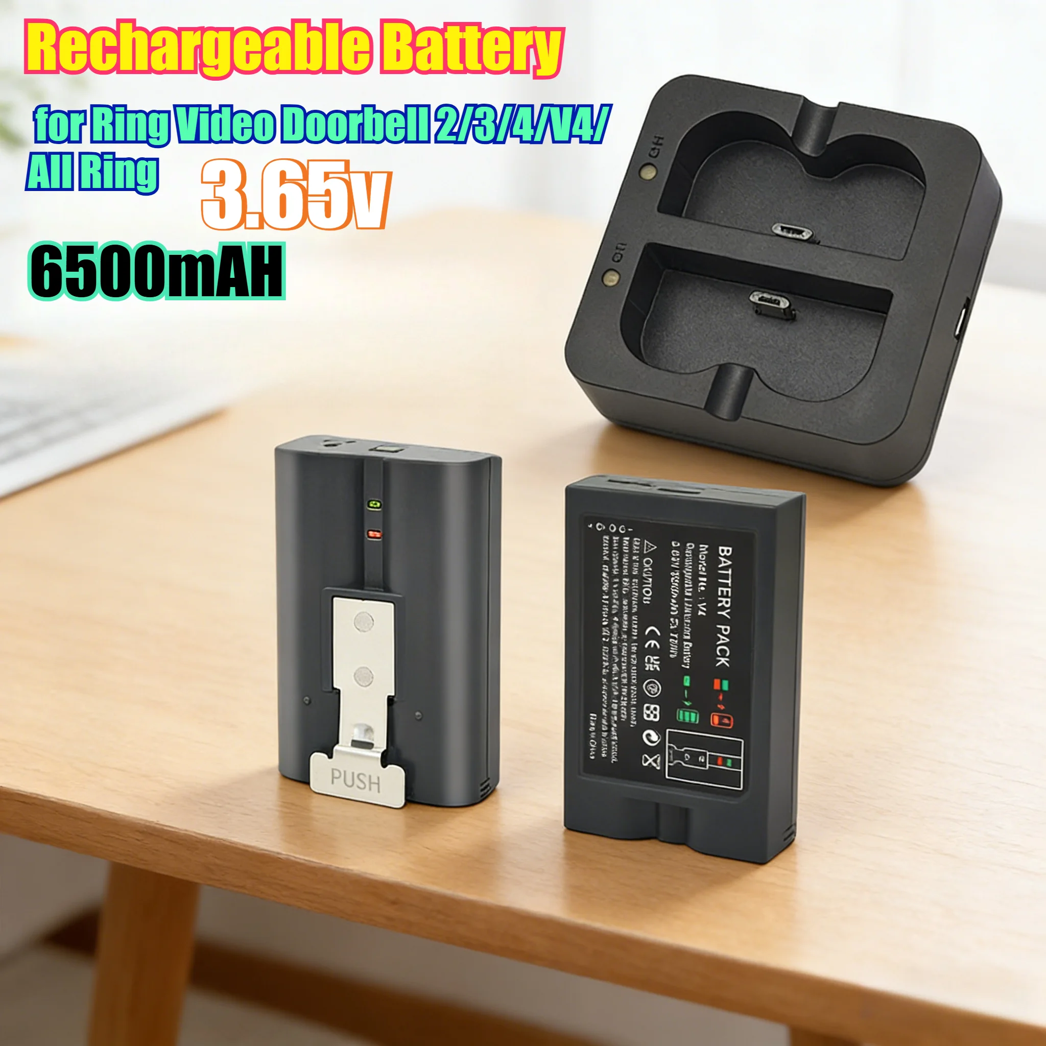 6500mAh High Capacity Rechargeable Battery for Ring Video Doorbell 2/3/4/V4/ All Ring Models - Extended Life Li-ion Power Pack