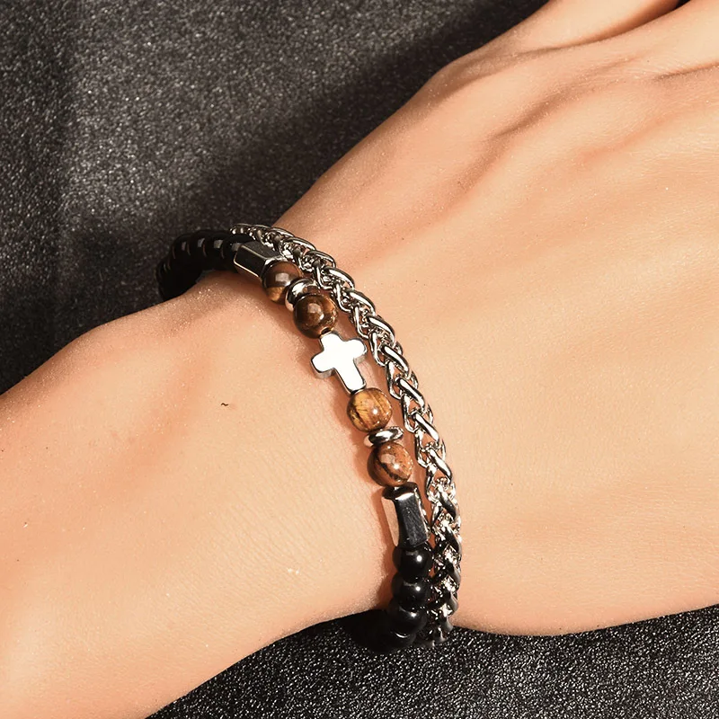 

For Men Natural Stone Beads Rosary Cross Bracelets Multilayer Stainless Steel Bracelet Women Yoga Meditation Fashion Jewelry
