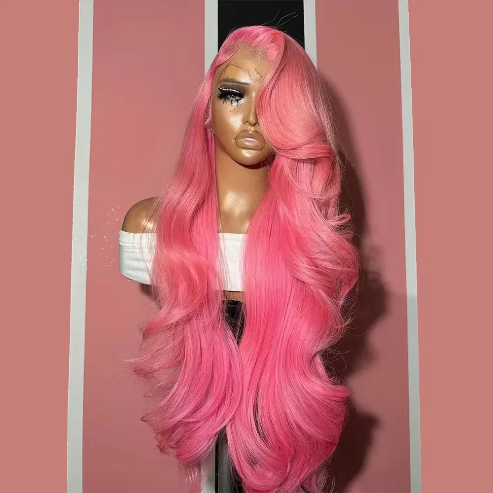 Wig Rambut Asli 100% Model Body Wave Transparan 13x4 13x6 Hd Lace Frontal Pre Plucked Warna Pink Muda Untuk Wanita