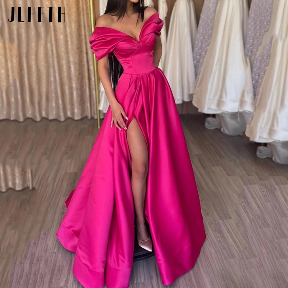 JEHETH Off the Shoulder Evening Dress Fuchsia Women Elegant Side Split Backless Satin A Line Prom Party Gown Vestidos De Festa