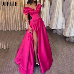 JEHETH Off the Shoulder Evening Dress Fuchsia Women Elegant Side Split Backless Satin A Line Prom Party Gown Vestidos De Festa