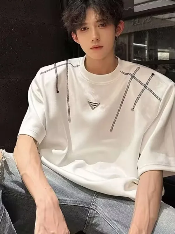 Summer New Style Men's T-shirt Padded Shoulder Short Sleeve Design Sensation Small Audience Five Sleeve High-End Feeling Hand...