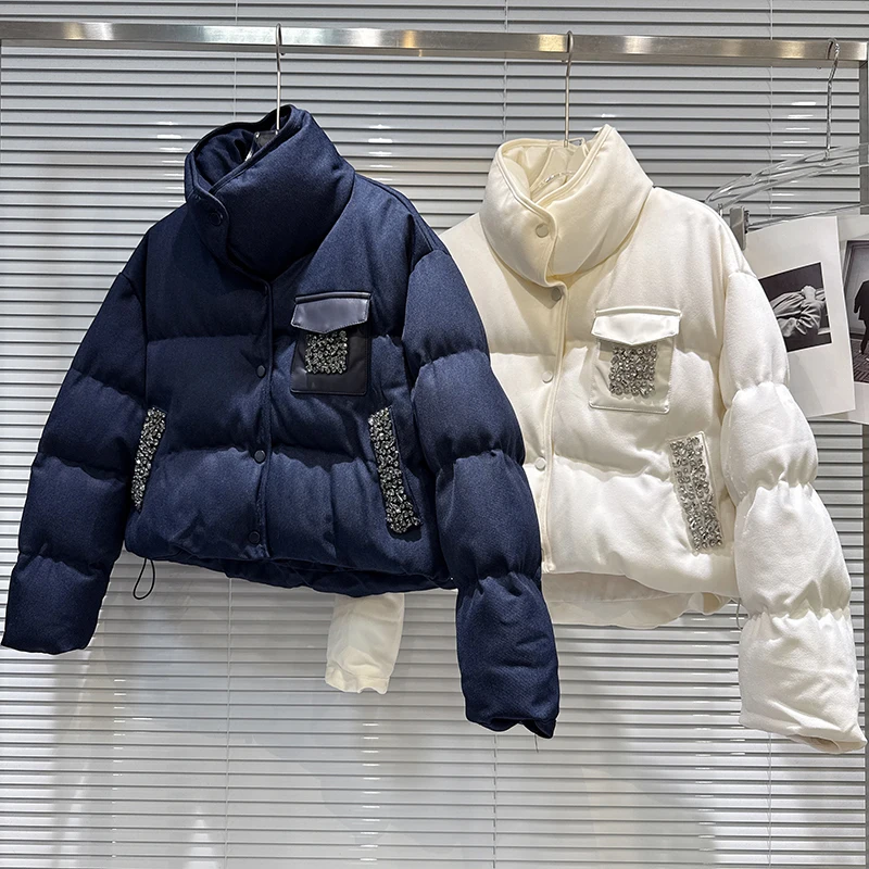 

Тяжелая промышленность, пикантная девушка, вспышка, алмазные бусины для ногтей, воротник-стойка, теплая хлопковая куртка для хлеба, женское зимнее новое хлопковое пальто