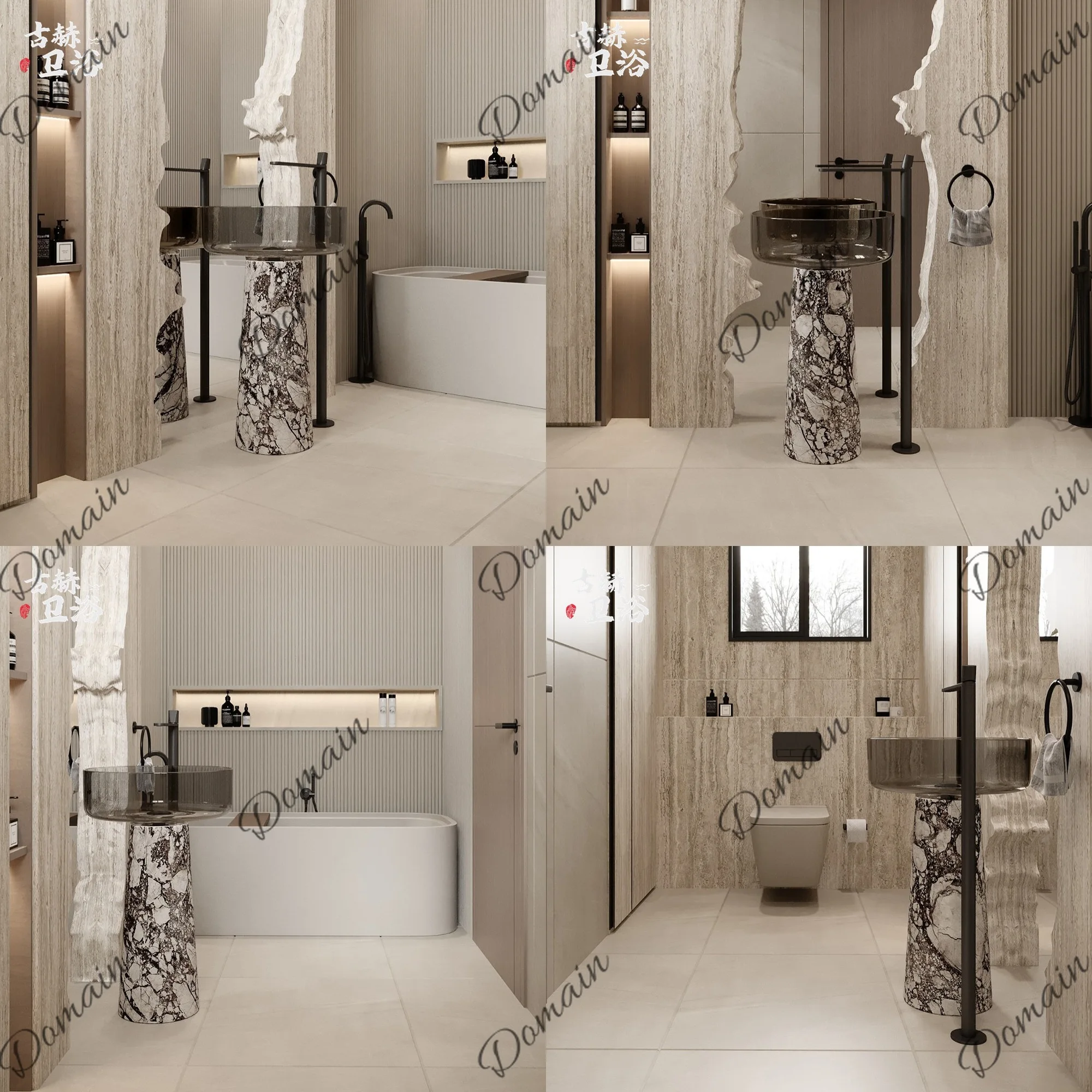 Bathroom Vanity Marble Brown Transparent Floor Standing Basin Pedestal Sink Small Apartment Hotel