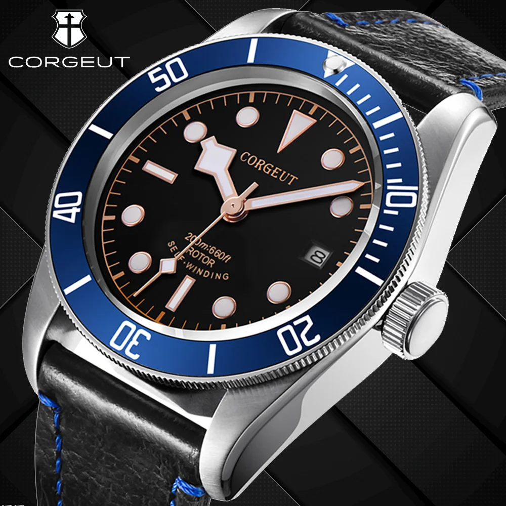 CORGEUT-Relógio Gaivota Mecânico Automático Masculino, Aço de Luxo, Sapphire Glass, Impermeável, Brilho, Data, Relógio, 41mm, 1612