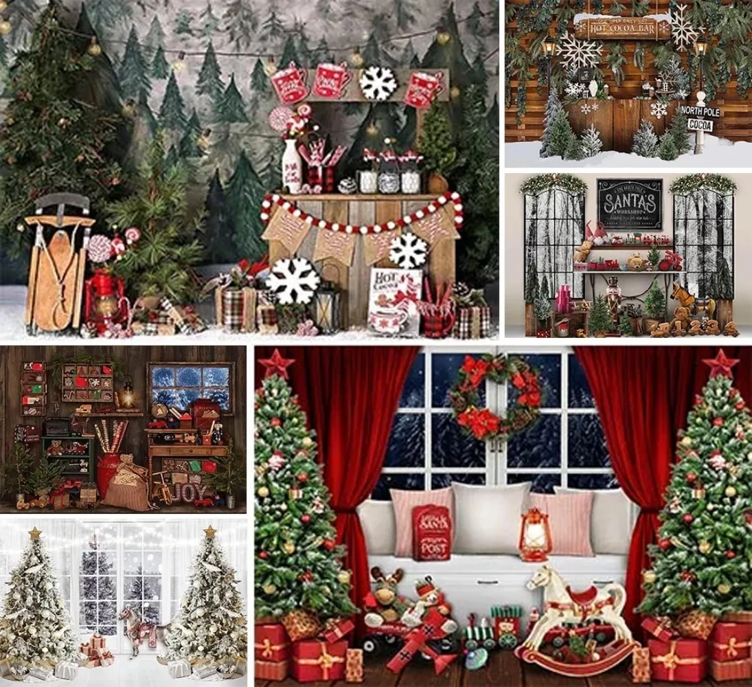 

Christmas Party Backdrops Santa's Toys Window Xmas Trees Holiday Party Kids Portrait Decor Photography Background Photo Studio