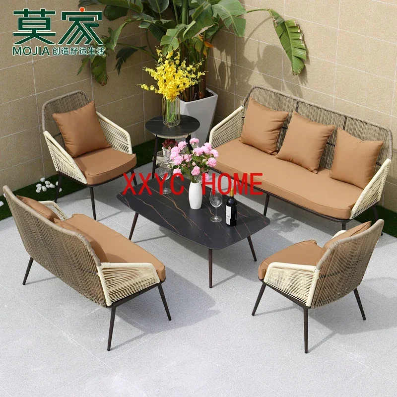 Outdoor Nordic Sofa Courtyard Garden Outdoor Three-Seat Rattan Chair Balcony Leisure Furniture