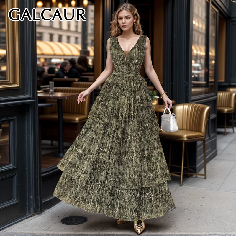 

GALCAUR Colorblock Irregular Deaign Chic Dresses For Women V Neck Sleeveless High Waist Spliced Folds Evening Long Dress Female