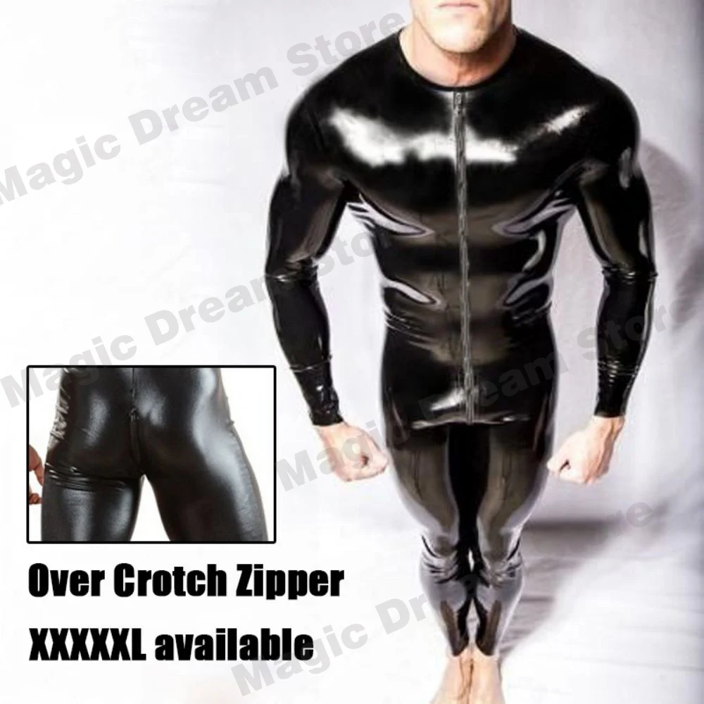 Men\'s Shiny Lacquer Faux Leather Catsuit Wetlook Black Leather Men\'s Zentai Suit Tight Over Croth Zipper Jumpsuit Clubwear