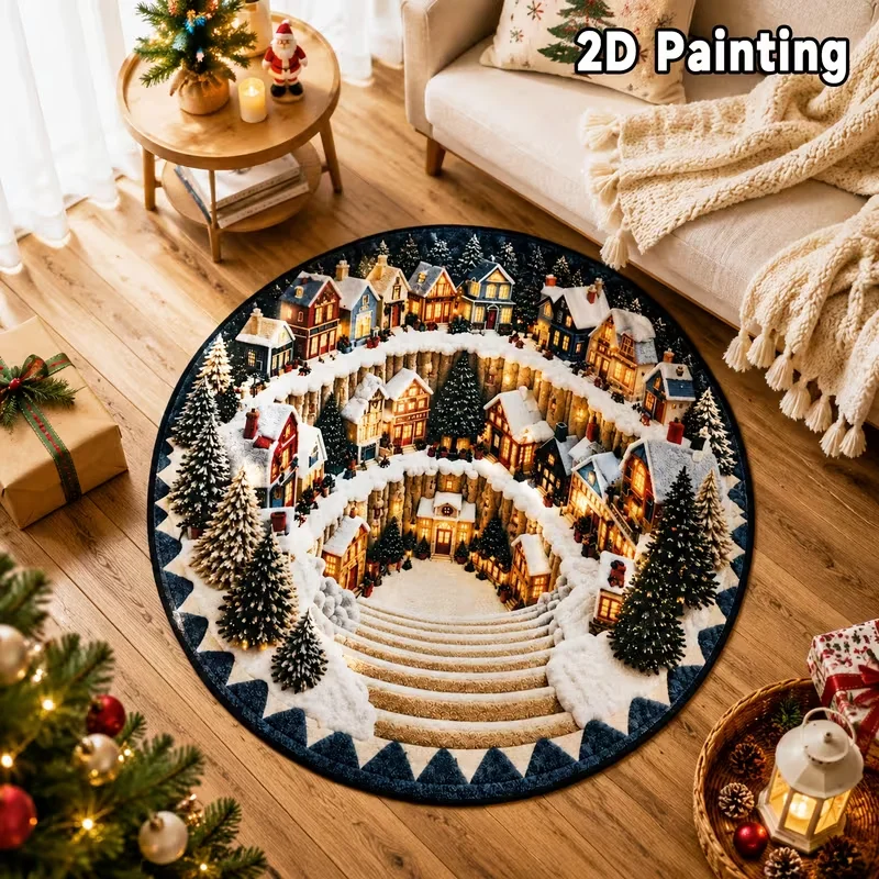 Christmas Winter Town 3D Optical Illusion Round Rug, Snowy Colorful Houses Spiral Staircase Print, Household Decor Carpet