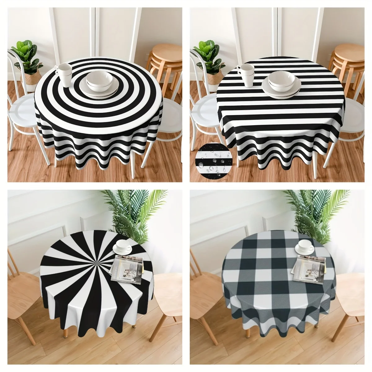 1PC, Round Tablecloth 60 Inch, Black And White Round Tablecloth, Stain Resistant, Water Resistant, Wrinkle Resistant, Simple Tab