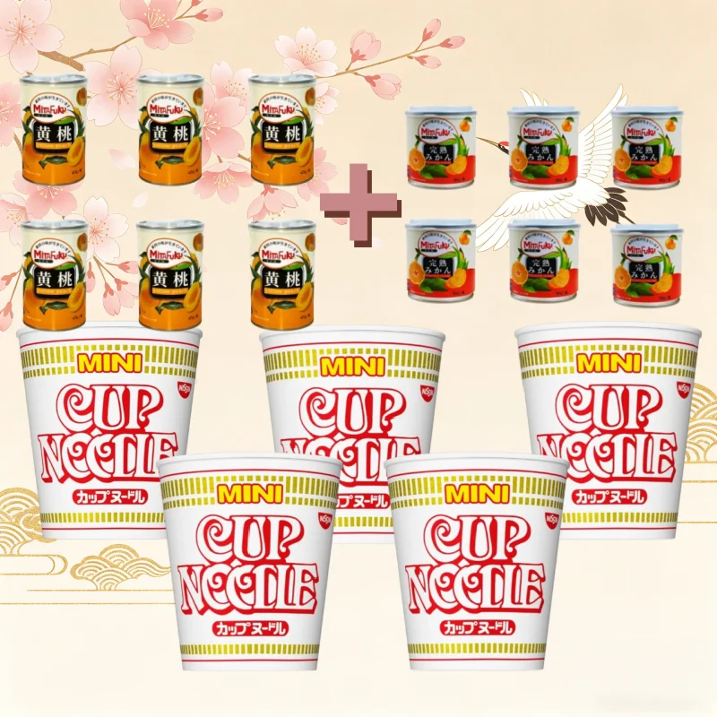 黄桃の缶詰＋みかんの缶詰＋カップヌードル ミニ 日清食品 カップ麺 36g×5個、送料無料（国内配送）