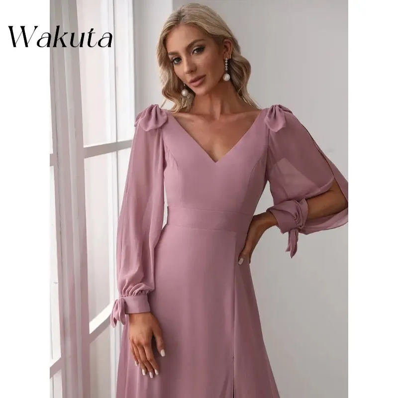 Wakuta Luxury V-Neck Full Sleeves Floor-Length Solid Evening Gown Long A-Line 2024 of Chiffon Bridesmaid Vestidos Elegante Mujer