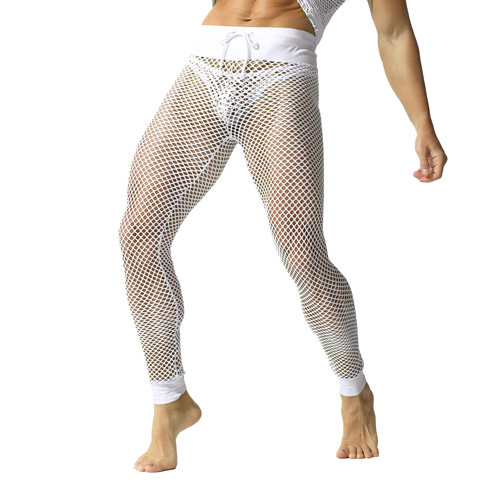 Classic Men's Fishnet Casual Pants Mesh See Through Slim Fit Muscle Leggings Hollow Out Lounge Stretchy Drawstring Long Pants