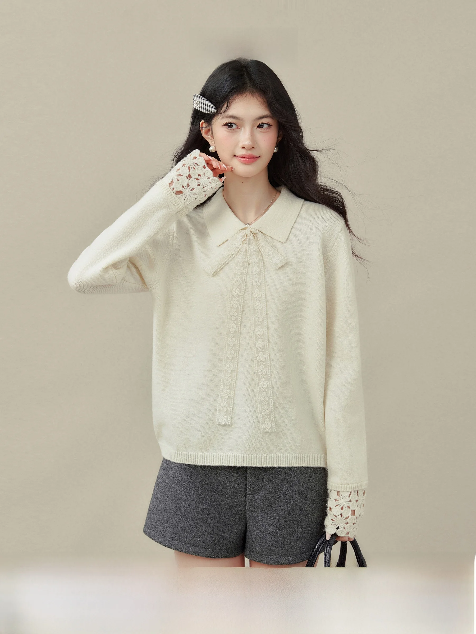 

Вязаный свитер Heide Park для ранней весны, с отложным воротником, больших размеров, абрикосового цвета, женский, модный, повседневный, с длинными рукавами