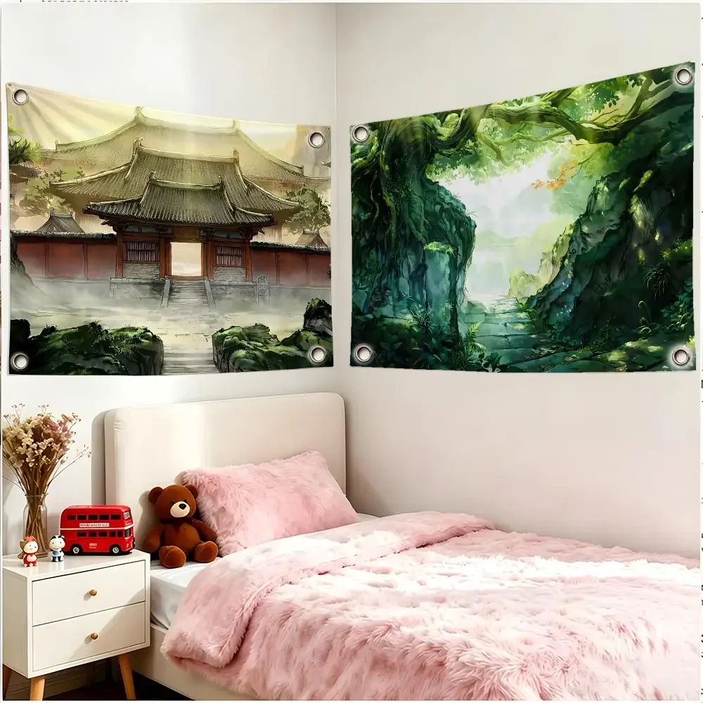Chinese Ink-wash Movie N-Nobody Langlangshan Flags Four Ring Borderless Art Decor Indoor Outdoor Use Simple Hang And Install