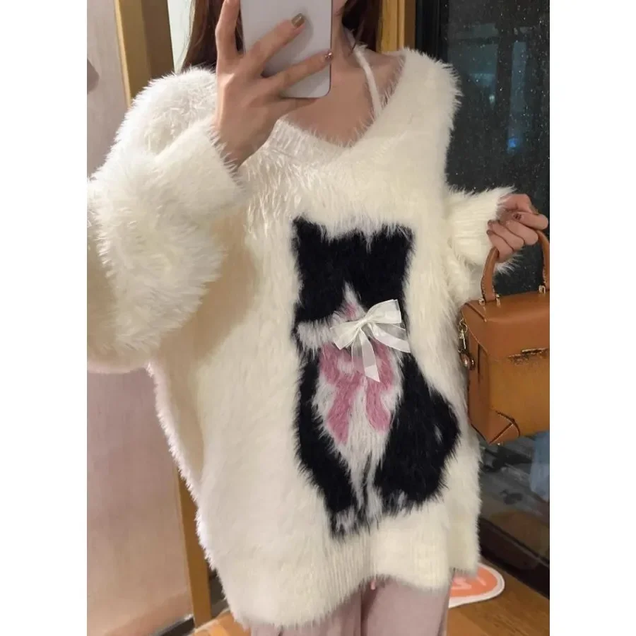 Furry Loose Knit Sweater Cat Oversized Pullover Women 2024 y2k clothing fairycore 2000s kawaii grunge korean knitted fall winter