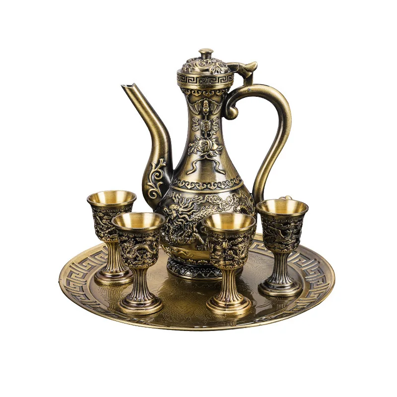 6 Pcs set Dragon and Phoenix Wine Set Tea Pot Home Party Decorative With 4 Cup Set Coffee Tea Serving Pot With Round Shaped Tray