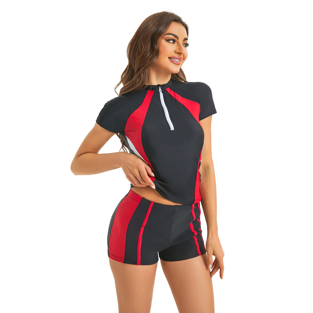 NACULAR  Short Sleeve Swimsuit Women Patchwork Zipper Swimwear Two Pieces Bathing Suit Tankini Beach Shorts  Sports Fitness