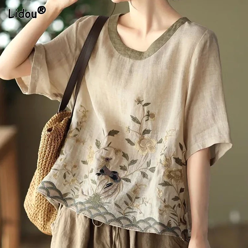 Chinese Style Round Neck T-Shirts Loose New Short Sleeve Printing Comfortable Round Neck Short Sleeve Summer Women\'s Clothing