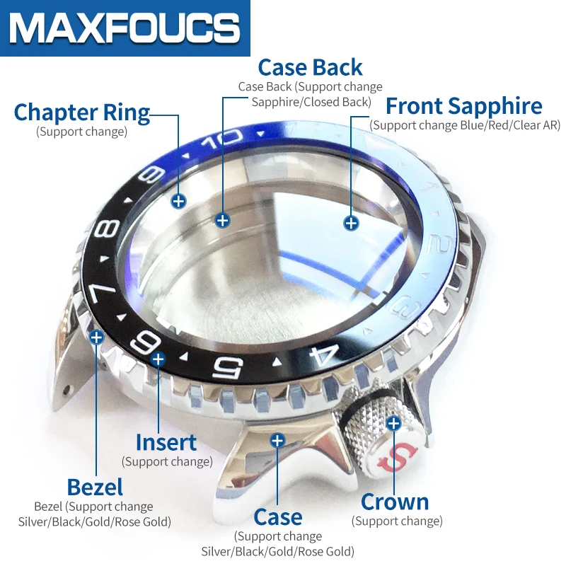 Stainless Steel Watch Case Shiny for SKX007 Sapphire Glass Double dome Bezel Insert Watch Parts