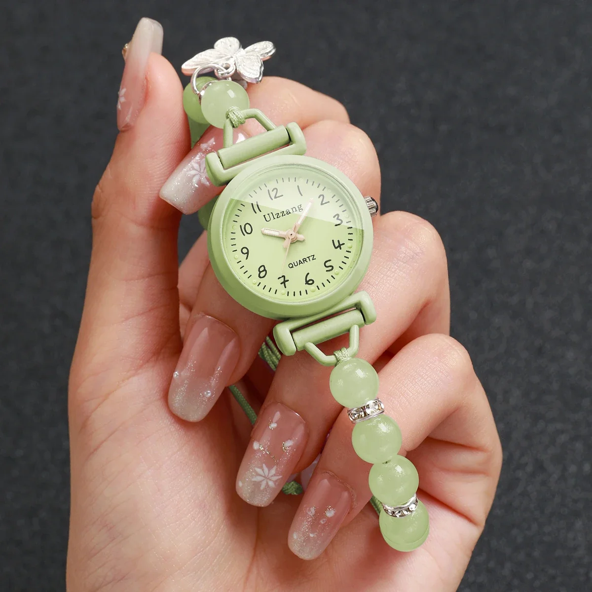Cute Small Arabic Dial Women Watches Beads Strap Quartz Wristwatch with Butterfly Pendant Girls Students Clock (Without Box)