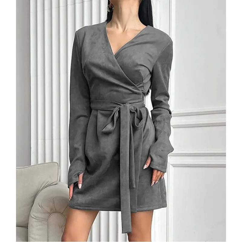 V-neck Temperament Waist A-shaped Skirt Suede Brown Long-sleeved Maillard Dress Women's 2025 Autumn and Winter New