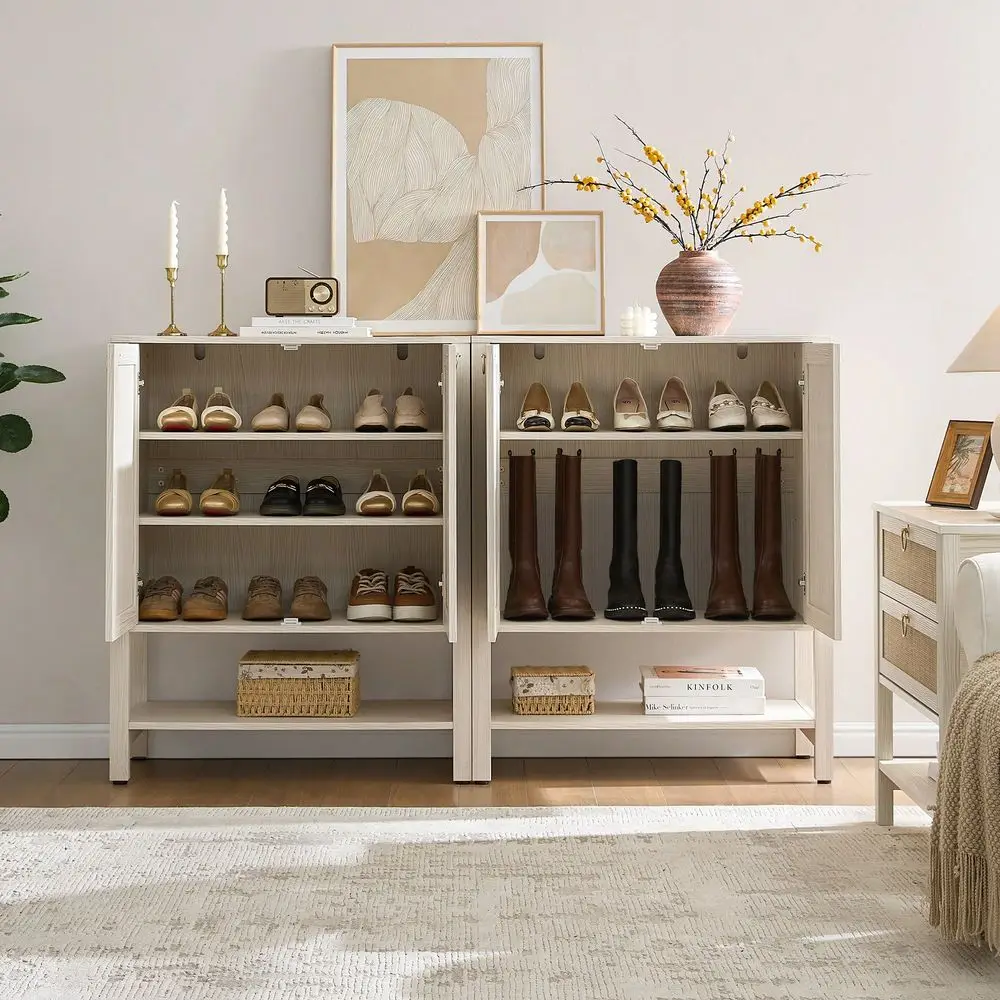 Rattan Shoe Cabinet With Storage 5 Tier Farmhouse Boho Shoe Organizer Storage Cabinet With Shelves Doors, Tall Shoe Rack Cabine