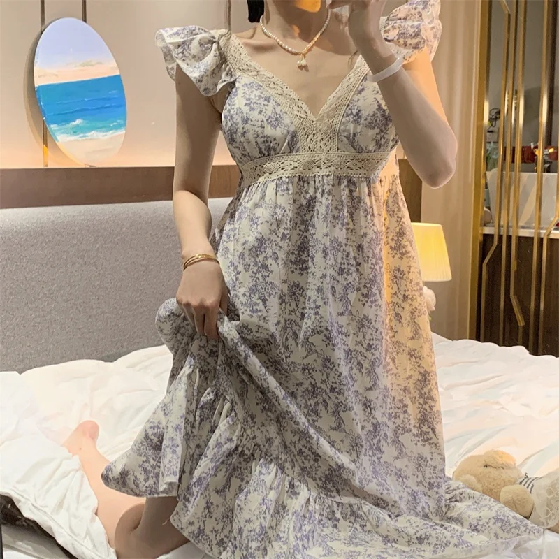 Summer Sleep Dress Women's Lace Trim V-neck Mid-length Strap Home Dress with Chest Pad Floral Print Casual Comfortable Nightgown