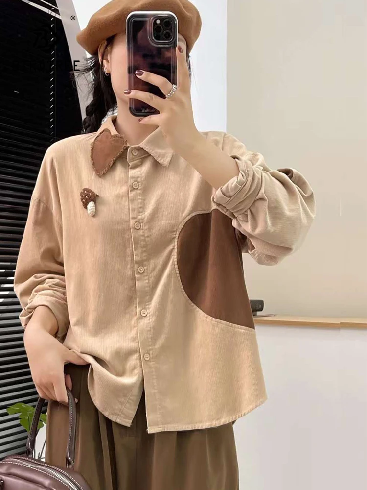 Nuova camicia in velluto a coste a maniche lunghe in cotone autunno 20225, patchwork da donna con colletto rovesciato, camicetta ampia per la riduzione dell'età della ragazza Mori T5O083CC