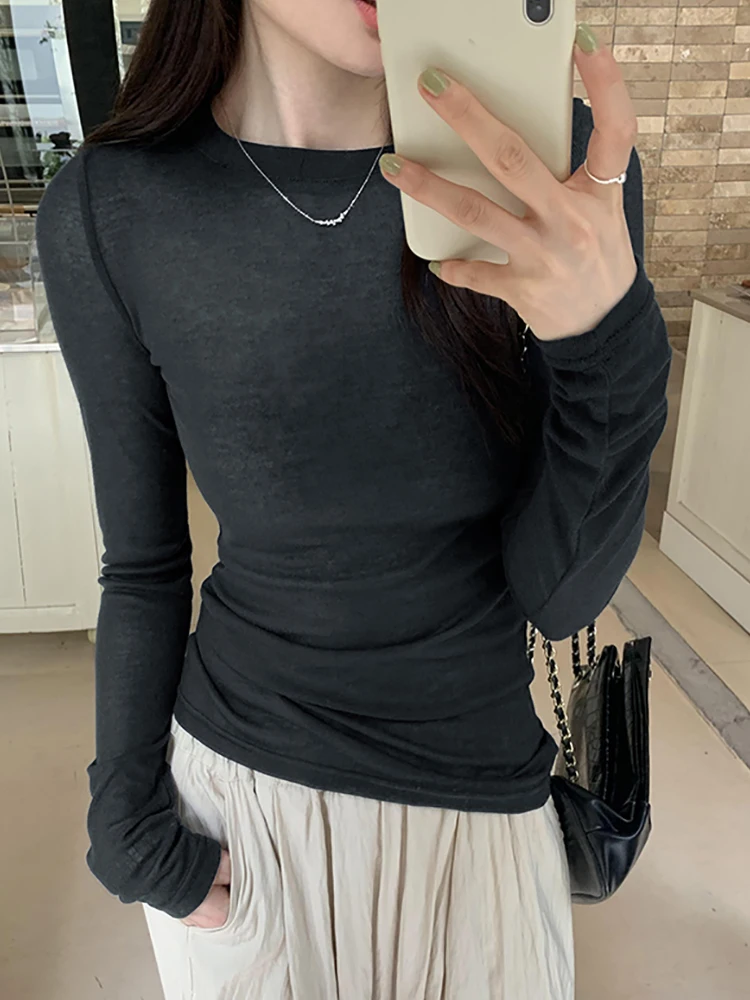 

T-shirt Women Long SLeeve Tops O Neck Sexy Slim Tshirts Black Korean Fashion Tee Shirt Femme 2024 Spring Autumn Ladies Clothing