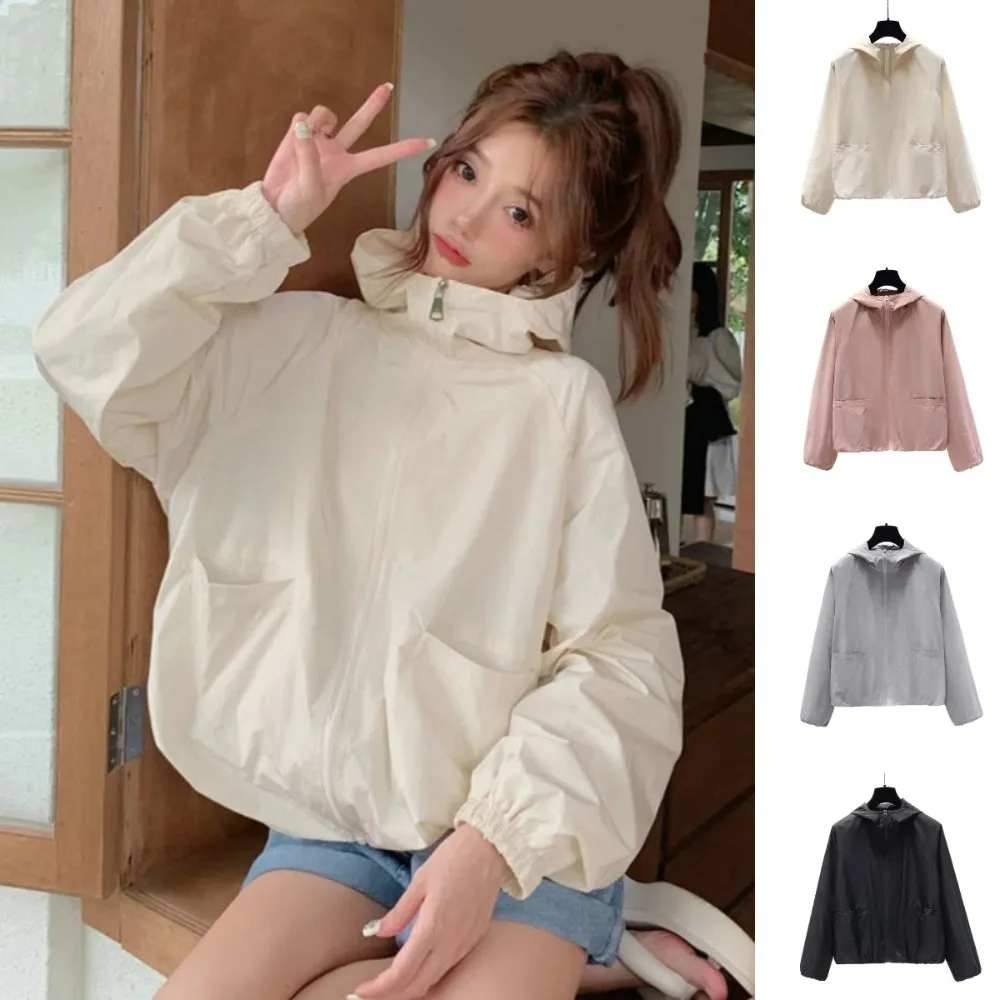 All-match Loose Sunscreen Coat Women Solid Color Quick-Drying Sun-Protective Tops Windproof Out Wear Hooded Jacket Female