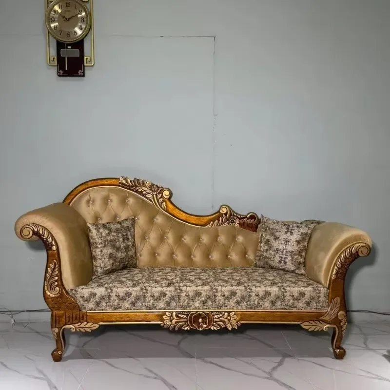 Luxury Carved Solid Wood Chaise Lounge Tufted Button Curved Sofa for Hotel Cafe Home Restaurant Commercial Use