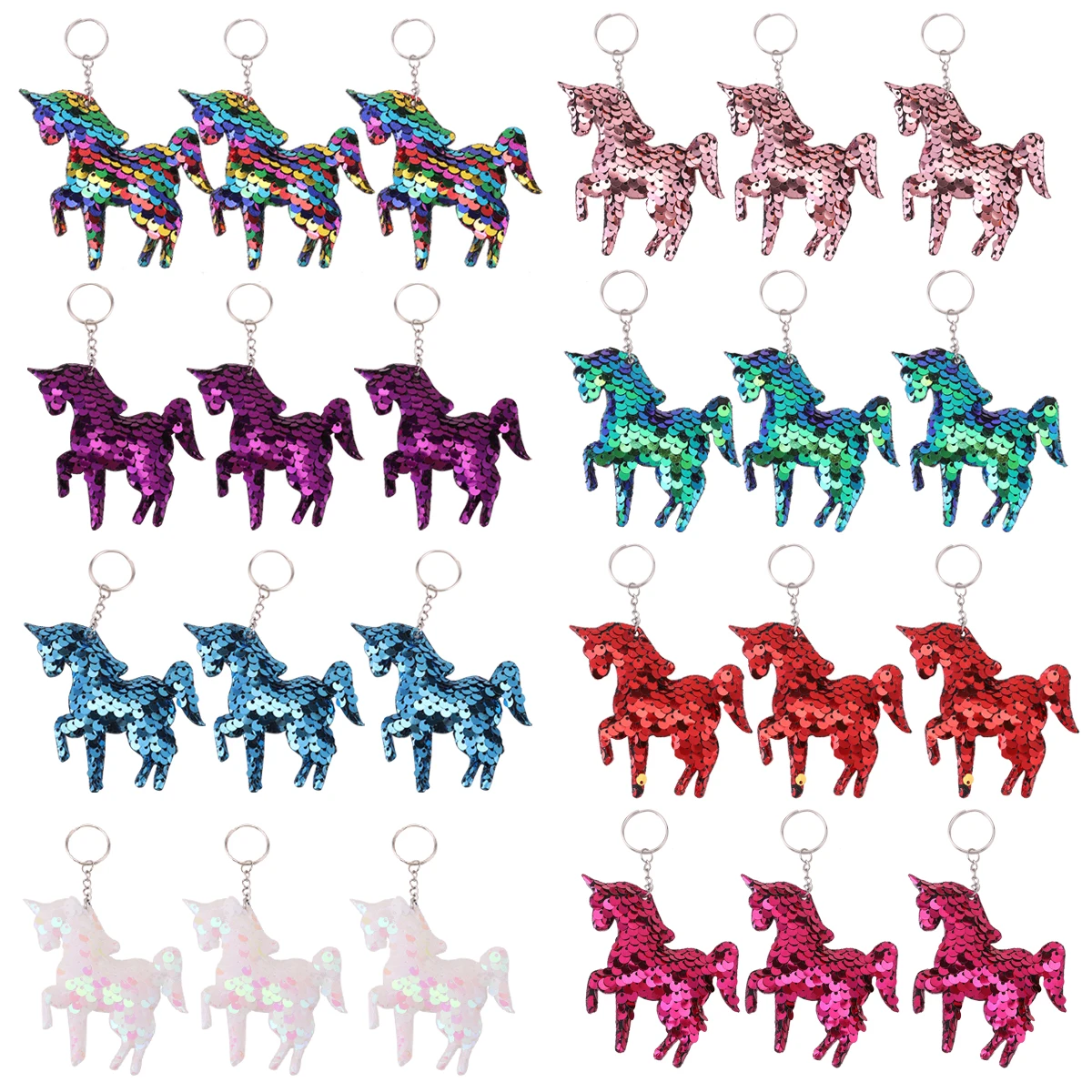 24Pcs Cartoon Sequin Keychains, Glittering Double-Sided Horse Shape Keyrings, Perfect For Birthday Party Favors, Bag Accessories